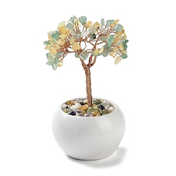 Mixed Stone Natural Yellow Quartz & Green Aventurine Chips Tree Decorations, Ceramic Bowl Base Copper Wire Feng Shui Energy Stone Gift for Home Desktop Decoration, 65~68x130~135mm