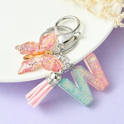 Letter W Resin & Acrylic Keychains, with Alloy Split Key Rings and Faux Suede Tassel Pendants, Letter & Butterfly, Letter W, 8.6cm