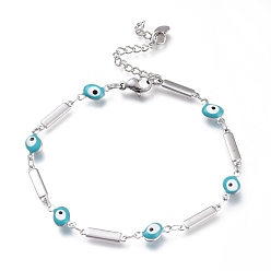 Stainless Steel Color 304 Stainless Steel Link Bracelets, with Enamel and Lobster Claw Clasps, Evil Eye & Rectangle, Light Sky Blue, Stainless Steel Color, 7-7/8 inch(20cm)