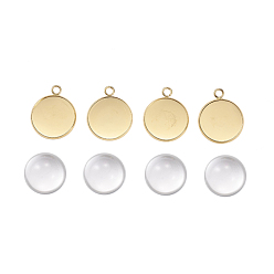 Golden DIY Pendants Making, with 304 Stainless Steel Cabochons Settings and Clear Half Round Glass Cabochons, Flat Round, Golden, Cabochons: 20x9.5mm, Settings: 27x22x2mm, 2pcs/set