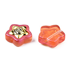 Tomate Perles de verre peintes par pulvérisation transparent, avec de la poudre scintillante et des apprêts en laiton plaqué or, étoile avec des fleurs, tomate, 14x14.5x5.5mm, Trou: 1mm