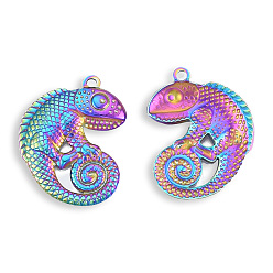 Rainbow Color Ion Plating(IP) 201 Stainless Steel Pendants, Lizard, Rainbow Color, 30x24.5x3mm, Hole: 1.8mm