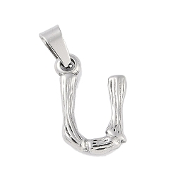 Letter U Non-Tarnish 304 Stainless Steel Pendants, Bamboo Style, Stainless Steel Color, Letter.U, 19x13x3mm, Hole: 3x7mm