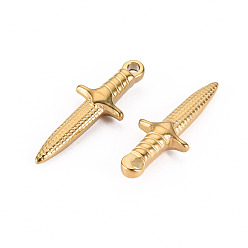 Real 14K Gold Plated 304 Stainless Steel Pendants, Dagger, Real 14K Gold Plated, 24x9x4mm, Hole: 1.4mm