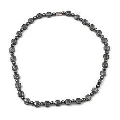 Non-magnetic Hematite Hexagon with Skull Synthetic Non-Magnetic Hematite Beaded Necklaces for Women Men, with Alloy Magnetic Clasp, 20.35 inch(51.7cm)