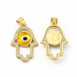 Gold Rack Plating Brass Micro Pave Clear Cubic Zirconia Pendants, with Handmade Evil Eye Lampwork, Cadmium Free & Lead Free, Long-Lasting Real 18K Gold Plated, Hamsa Hand Charm, Gold, 25.5x17x4mm, Hole: 5.5x3.5mm