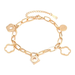 Золотой 304 из нержавеющей стали шарм браслеты, браслеты-цепочки со скрепками для женщин, цветок и ромб и плоский круглый, золотые, 7.13 дюйм (18.1 см)