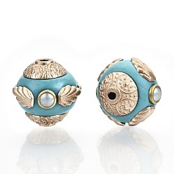 Dark Turquoise Handmade Indonesia Beads, with Metal Findings, Round, Light Gold, Dark Turquoise, 15~16x13.5~15mm, Hole: 1.6mm