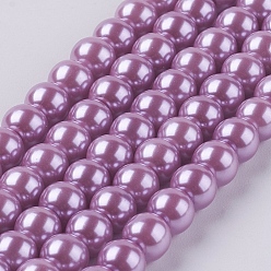 Violet Brins de perles rondes en verre teinté écologique, Grade a, cordon en coton fileté, violette, 6mm, Trou: 0.7~1.1mm, Environ 72 pcs/chapelet, 15 pouce
