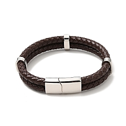 Coconut Brown Leather Braided Double Loops Multi-strand Bracelet with 304 Stainless Steel Magneti Clasp for Men Women, Coconut Brown, 8-5/8 inch(22cm)