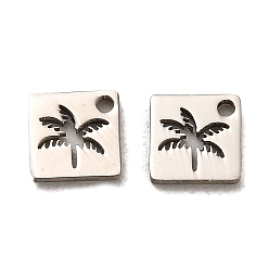 Stainless Steel Color 304 Stainless Steel Charms, Square with Coconut Tree Charm, Stainless Steel Color, 5.5x5.5x0.8mm, Hole: 1mm