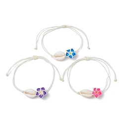 Mixed Color Natural Shell & Polymer Clay 3D Flower Link Bracelet, Braided Adjustable Bracelet, Mixed Color, Inner Diameter: 3-1/4 inch(8.2cm)