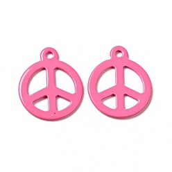 Hot Pink Spray Painted 201 Stainless Steel Pendants, Flat Round with Peace Sign Charm, Hot Pink, 15x12.5x1mm, Hole: 1.4mm