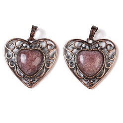 Strawberry Quartz Natural Strawberry Quartz Peach Love Heart Pendants, Rack Plating Brass Hollow Heart Charms, Cadmium Free & Lead Free, Red Copper, 29.5x30.5x7.5mm, Hole: 7.5x5mm