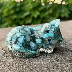 Amazonite Resin Sleeping Cat Display Decoration, with Natural Amazonite Chips inside Statues for Home Office Decorations, 75x52x40mm