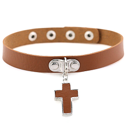 Peru PU Leather Adjustable Choker Necklace, Alloy Cross Pendant Necklace with Stainless Steel Snap Buttons for Women, Peru, 15.75 inch(40cm)