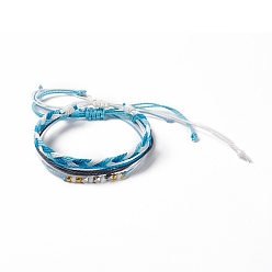 Sky Blue 3Pcs 3 Style Plastic Braided Bead Bracelets Set, Waxed Polyester Cord Adjustable Bracelets for Women, Sky Blue, Inner Diameter: 1/2~4-1/8 inch(1.3~10.3cm), 1Pc/style