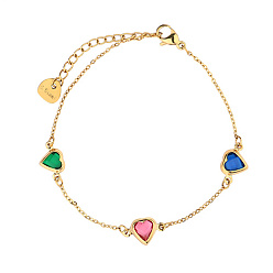 Colorful Cubic Zirconia Heart Link Chain Bracelet, with Stainless Steel Chains, Colorful, 5-7/8 inch(15cm)
