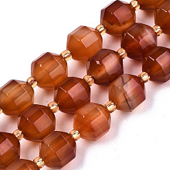 Chocolate Natural Agate Beads Strands, Faceted, with Seed Beads, Dyed, Round, Chocolate, 10.5x9.5mm, Hole: 1.2mm, about 31~32pcs/strand, 14.96 inch(38cm)