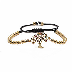 B0108 Gold Colorful Zircon Micro Inlaid Tree of Life Bracelet with Copper Bead Weaving, Fashion Jewelry