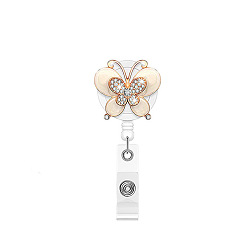 Jonquil Rhinestone Butterfly Retractable Badge Reel, Gold Plated Alloy ID Card Badge Holder with Iron Alligator Clips, for Nurses Students Teachers, Old Lace, 650x32mm