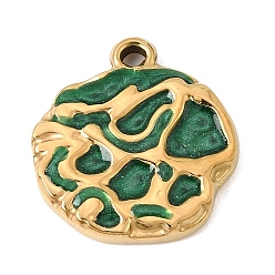 Verde 303 colgantes de esmalte de acero inoxidable, encantos planas redondas, revestimiento de iones (ip), dorado, verde, 20x18.5x3 mm, agujero: 1.8 mm