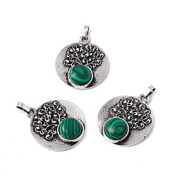 Malachite Synthetic Malachite Alloy Pendants, Lead Free & Cadmium Free, Antique Silver, Flat Round with Tree, 28.5x24.5x6.5mm, Hole: 4x3.5mm