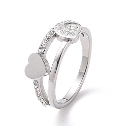 Stainless Steel Color Crystal Rhinestone Heart Finger Ring, 304 Stainless Steel Jewelry for Women, Stainless Steel Color, US Size 6~9(16.5~18.9mm)