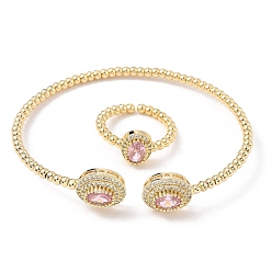 Бледно-Розовый Овальные латунные браслеты-манжеты и кольца с микропаве из кубического циркония для женщин, стойки покрытие, реальный 18 k позолоченный, розовый жемчуг, браслет: 3~11.5ширина мм, 61x52 мм внутренним диаметром