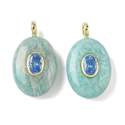 Amazonite Natural Amazonite & Cubic Zirconia Pendants, Oval Charms with Brass Loops, Golden, 21.5x13x6.5mm, Hole: 1.8mm