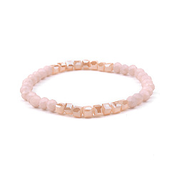 Pink Gold-tone Miyuki Elastic Crystal Beaded Bracelet with Acrylic Tube Beads
