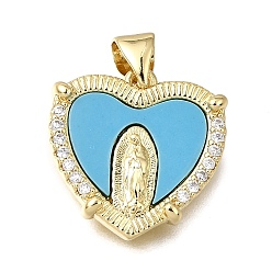 Light Sky Blue Religion Brass & Clear Cubic Zirconia & Acrylic Pendants, Heart with Virgin Mary Pattern Charms, Real 16K Gold Plated, Light Sky Blue, 16.5x16.5x3mm, Hole: 4x3mm