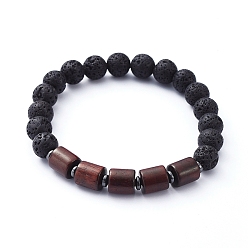 Lava Rock Stretch Bracelets, with Natural Lava Rock Beads, Natural Wood Beads and Non-Magnetic Synthetic Hematite Beads, Inner Diameter: 2-1/8 inch(5.4cm)