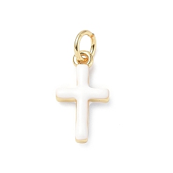 White Real 18K Gold Plated Eco-Friendly Rack Plating Brass Enamel Pendants, Long-Lasting Plated, with Jump Rings, Lead Free & Cadmium Free, Cross Charm, White, 15x8x3mm, Hole: 3.4mm