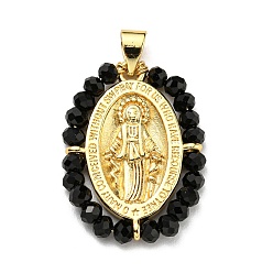 Black Brass with Glass Pendants, Cadmium Free & Lead Free, Real 18K Gold Plated, Oval with Virgin Mary Pattern, Black, 25~26x19~19.5x3~3.5mm, Hole: 3x3.5mm