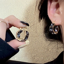 Golden Square Alloy Rhinestone Hoop Earrings, with 925 Silver Pins, Golden, 50x50mm