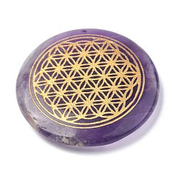 Amethyst Chakras Themed Natural Amethyst Cabochons, Flat Round with Flower of Life, 35x6~7mm