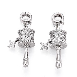 Платина Латунные микро проложить кубического циркония подвески, амулеты в виде молитвенного колеса, платина, 32 мм, отверстие : 4 мм, Размер подвески: 25.4x10x9мм.