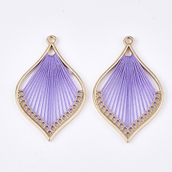 Lilac Cotton Thread Woven Pendants, with Alloy Findings, Leaf, Golden, Lilac, 43x26.5x2mm, Hole: 1.8mm