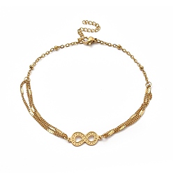 Infinity 304 Stainless Steel Link Anklet with Satellite Chains for Women, Golden, Infinity Pattern, Infinity: 20x8.5x0.5mm, 8-5/8 inch(22cm)