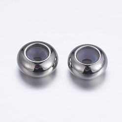 Stainless Steel Color 304 Surgical Stainless Steel Beads, with Rubber Inside, Slider Beads, Stopper Beads, Rondelle, Stainless Steel Color, 8.5x4.5mm, Rubber Hole: 2mm