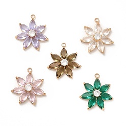 Mixed Color Rack Plating Brass with Glass Pendant, Real 14K Gold Plated, Cadmium Free & Lead Free, Faceted Flower, Mixed Color, 28x25x6mm, Hole: 2.5mm