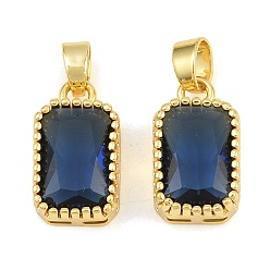 Dark Blue Brass & Glass Pendants, Faceted Rectangle Charm, Long-Lasting Plated, Rack Plating, Cadmium Free & Lead Free, Golden, Dark Blue, 17x10x6mm, Hole: 6x3.5mm