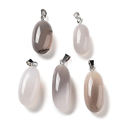Gray Natural Agate Dyed Pendants, Oval Charms with Stainless Steel Color Plated Stainless Steel Snap on Bails, Gray, 21~32x9.5~16.5x10.5x7.5~12.5mm, Hole: 6x3mm