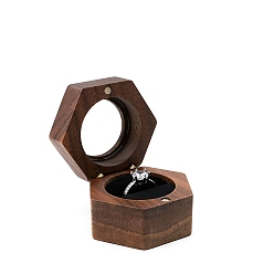 Black Hexagon Walnut Wood Magnetic Wedding Ring Gift Case, Clear Window Jewelry Box with Velvet Inside, for Rings, Black, 5.6x5x3.8cm