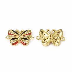 Red Brass Micro Pave Cubic Zirconia Connector Charms, Enamel Style, Butterfly, Golden, Red, 13.5x22.5x3mm, Hole: 1.5mm