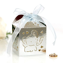 Silver Rectangle Foldable Creative Paper Gift Box, Elephant Pattern Candy Box with Ribbon, Decorative Gift Box for Wedding, Silver, Fold: 5x5x8cm