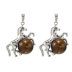 Тигровый глаз Природных тигровый глаз подвески, латунная лошадь с подвесками в виде шариков из драгоценных камней, стойки покрытие, платина, 33x35x16 мм, отверстие : 5x8 мм