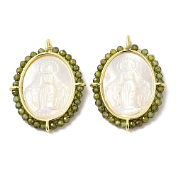 Темно-оливково-зеленый Покрытие стойки латунь микро паве кубический цирконий и подвески в виде ракушек, долговечный, без кадмия и без свинца, реальный 18 k позолоченный, овал с подвесками в виде Девы Марии, темно-оливковый зеленый, 29.5x22x3.7 мм, отверстие : 1.9 мм