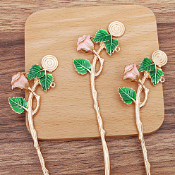 Pink Alloy Enamel Flower Hair Sticks, Cabochons Setting with Loop, Long-Lasting Plated Hair Accessories for Women, Pink, 172x37mm, Tray: 12mm
